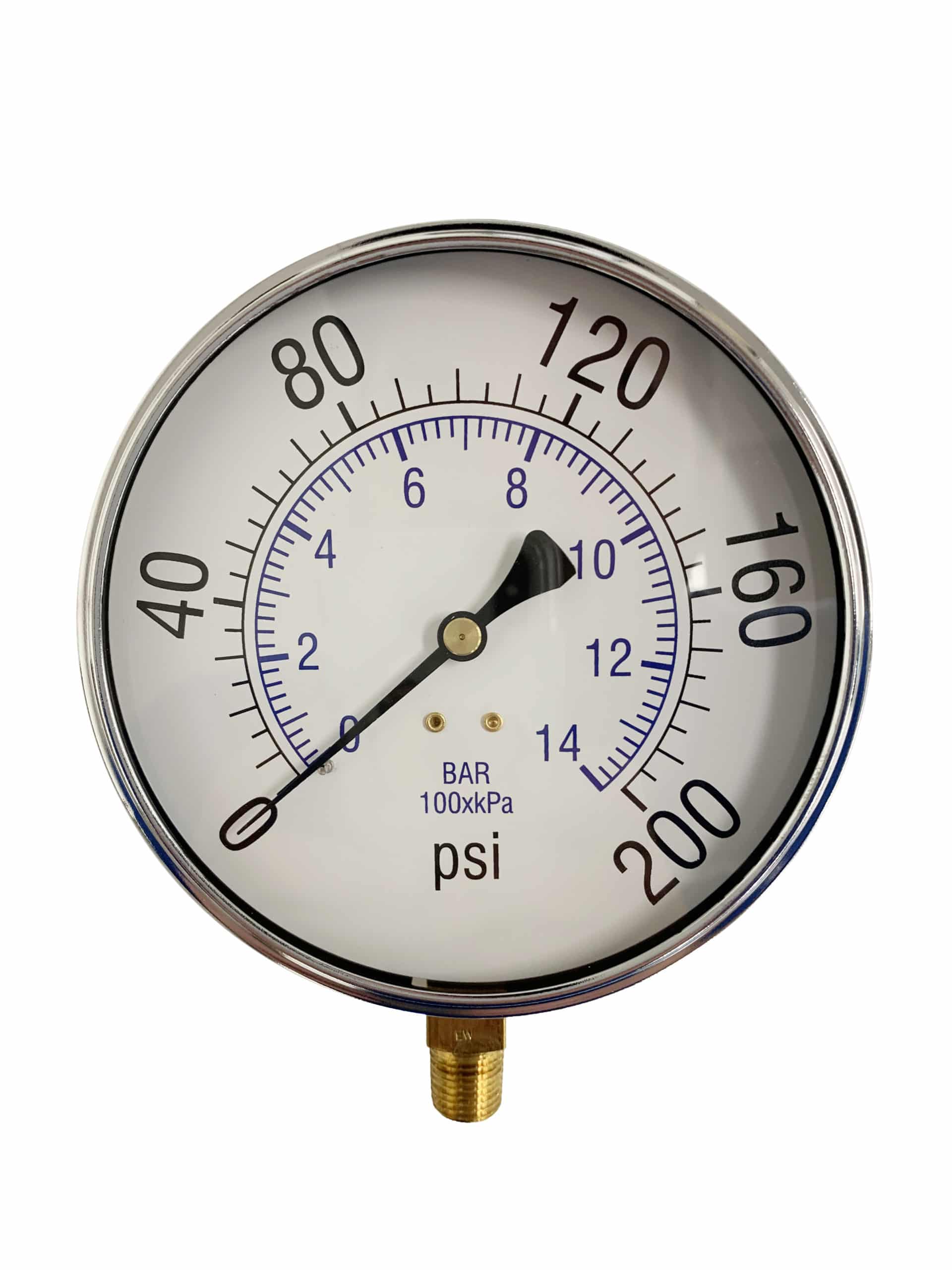 PRESSURE GAUGE, BOTTOM MOUNT, 4-1/2" FACE, DRY, 0-200 PSI,  1/4" MALE NPT, PLASTIC LENS, 101D-454G