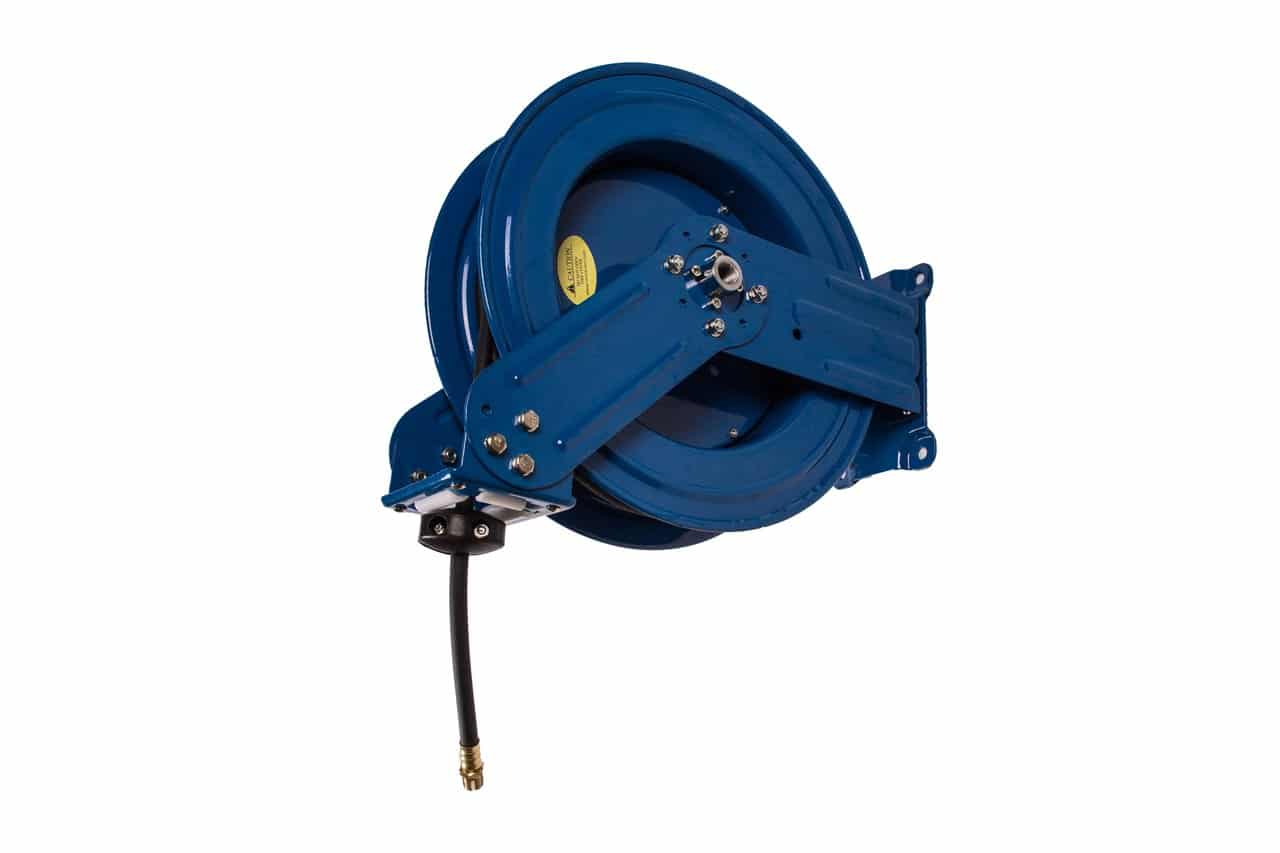 HOSE REEL,  3/8 X 50 FT, 1/2" INLET X 1/4" NPT OUTLET,  BLUE, DUAL ARM, ALL METAL, RAPIDAIR
